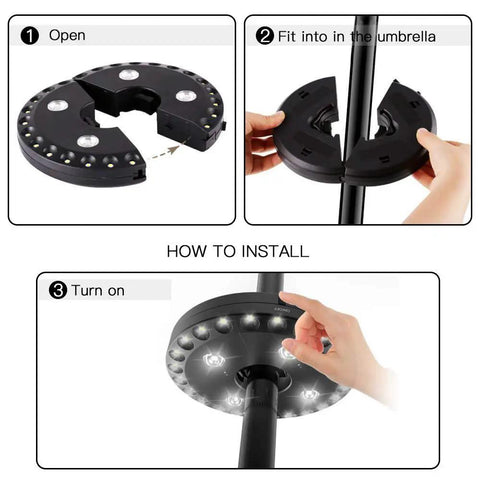 Steps to install Cordless Patio Umbrella Light With 28 LEDs And 3 Lighting Modes Dim Four LED Bright 24 LED And Super Bright 28 LED