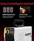 Close-up of 130A Mini Stick Welder 110V Arc Welding Inverter with Hot Start, showing digital display and current knob.
