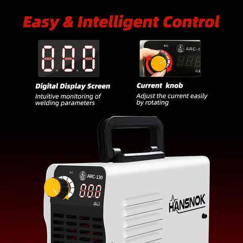 Close-up of 130A Mini Stick Welder 110V Arc Welding Inverter with Hot Start, showing digital display and current knob.