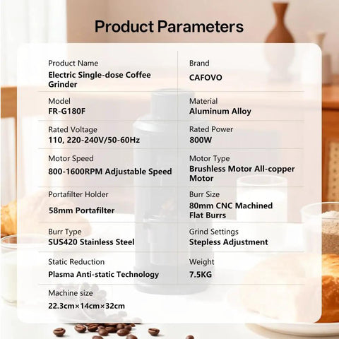 Product parameters image for Badass Single Dose Electric Coffee Grinder Featuring Rock Solid 80 Millimeter Flat Burrs.