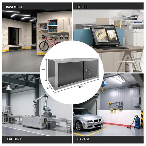 Built Tough Metal Wall Cabinet With Lockable Doors For Kitchen Garage And Office Heavy Duty Steel Wall Storage Chest displayed in various settings including office, garage, and basement.