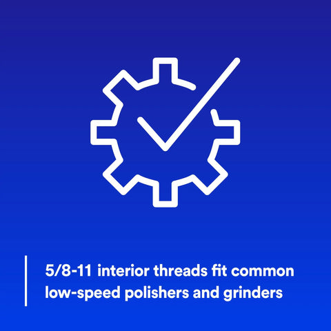 Illustration showing compatibility with 5/8-11 threads for low-speed polishers, featuring gear and checkmark graphic.