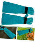 Blue Scratch Protective Pet Grooming Gloves For Dogs And Cats Long Sleeve Fake Leather
