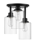 Three Light Industrial Tiered Matte Black Flush Mount Ceiling Light With Clear Glass Shade Dimmable E26 Base Low Profile Fixture