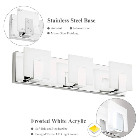 Three Lights Dimmable Modern LED Vanity Light For Bathroom Up And Down Wall Mount Frosted White Acrylic Chrome Finish With High CRI 6000K White Light, stainless steel base detail.