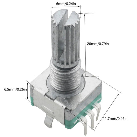 Close-up of EC11 Rotary Encoder With Switch Pro Grade Digital Potentiometer 20mm Plum Blossom Shaft 5 Pin with metal shaft