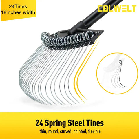61-Inch Dethatcher Rake For Lawns With Thin Curved Spring Steel Tines, Long Handle Lawn Thatch Removal Tool shown with 24 spring steel tines.