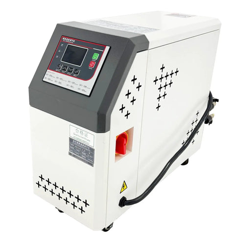 Industrial Oil Temperature Control Unit 12KW 220V 3-Phase With 56 Liters Per Minute Pump Flow, Fast Heating 68-356 F, 20-180 C For Injection Molding, Reactors, Die Casting, And Plastic Processing, Stainless Steel Heating Barrel on wheeled cabinet