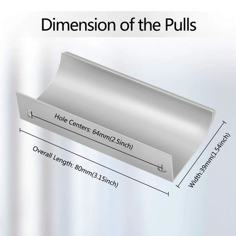 Dimensions of Back Mount Finger Edge Pulls 80mm Aluminum Concealed Tab Handles for cabinets, 64mm hole centers, silver.