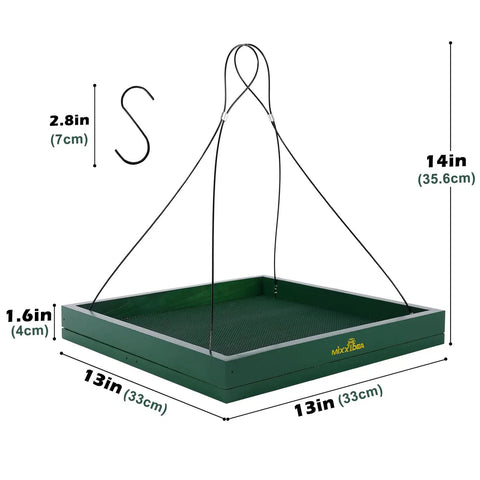 Hanging Bird Feeder Tray Outdoor Garden Platform Wooden Seed Tray With Mesh Feeding Surface For Yard And Patio Large Feeding Area For Small To Large Birds Weatherproof And Sturdy For All Seasons Green