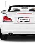 Rear view of car with American Flag Bald Eagle License Plate Frame 2 Pack for Cars Rustproof Aluminum Plate Holder With Screw Caps.
