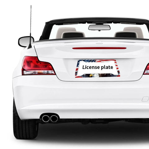 Rear view of car with American Flag Bald Eagle License Plate Frame 2 Pack for Cars Rustproof Aluminum Plate Holder With Screw Caps.