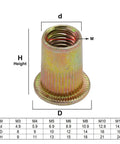 20 Pcs Flat Countersunk Threaded Insert Nuts M3-M12 Stainless Steel Carbon And Aluminum Fasteners in detailed dimensions.