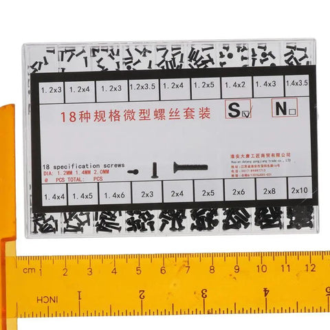 Small Screws Assortment Kit With 18 Kinds M1.2 M1.4 M2.0 Mini Micro Screws Set for Eyeglasses, visible sizes and packaging with ruler.