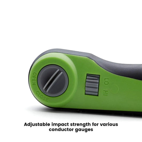 Close-up of Pro Grade Impact Punch Down Tool with high and low hit settings, green adjustable knob visible.