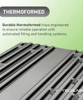 Close-up of thermoformed 10x20 Inch Black Plastic Propagation Trays 10 Pack For Plant Propagation Seedlings Microgreens Soil and Hydroponics