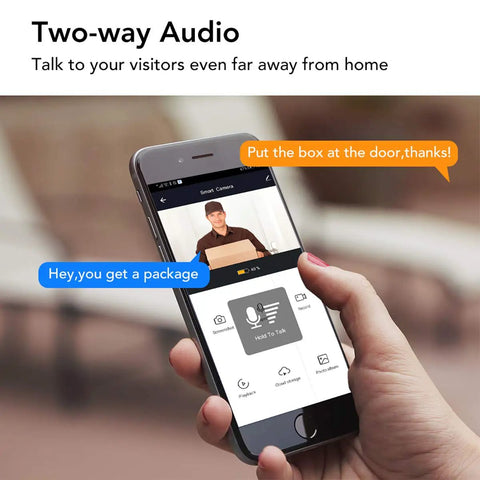 Smartphone displaying the Smart Life App's chat interface for the Solar Powered Outdoor Floodlight Security Camera With 10400mAh Battery IP65 Waterproof Night Vision Two Way Audio AI Human Detection PIR Motion Sensor Cloud Storage Smart Life App Ready, showcasing two-way audio feature for remote communication.