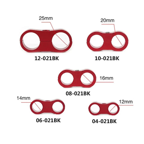 Get Your Custom Hose Clamps Ready With This 10 Piece Aluminum AN4 AN6 AN8 AN10 AN12 Separator Kit For Braided Rubber Line Divider Clamps That Lock Down Tight And Keep Every Connection Secure For Any High Performance Ride Or Rig You Are Building Right Now. red aluminum hose separator clamps, 04-021BK to 12-021BK