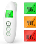 No-Touch Digital Forehead And Ear Thermometer For Adults And Kids With 0-3 Year Old Child Mode, Fast Accurate Temp Readings, Easy Readout, Safe Family Health Tool; white plastic device with green display