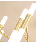 Close-up of gold Living Room Chandelier Dining Room Pendant Lights Indoor Lighting Light Fixture with white shades.