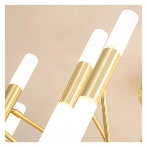 Close-up of gold Living Room Chandelier Dining Room Pendant Lights Indoor Lighting Light Fixture with white shades.