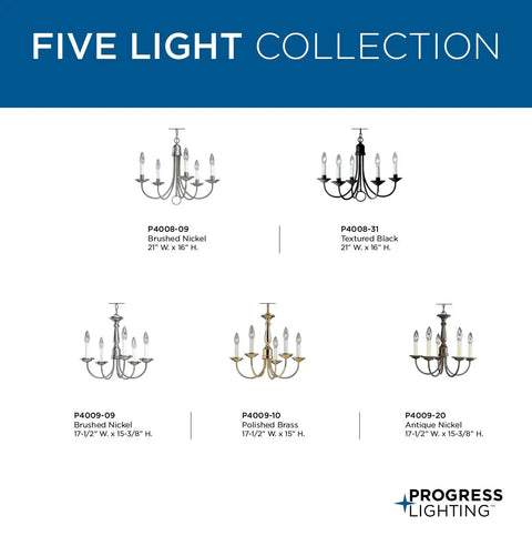 Five-Light White Candles Traditional Chandelier Light With Textured Black Finish Model P4008-31 shown among various finishes