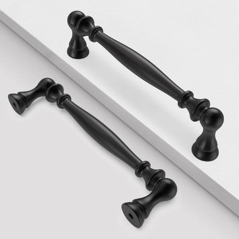 10 Pack 5 Inch Matte Black Cabinet Handles Zinc Alloy Drawer Pulls Solid Kitchen Hardware For Cabinets, Dressers, Closets, And Doors Heavy Duty Smooth Glide Easy Install Modern Industrial Look, two handles displayed on surface