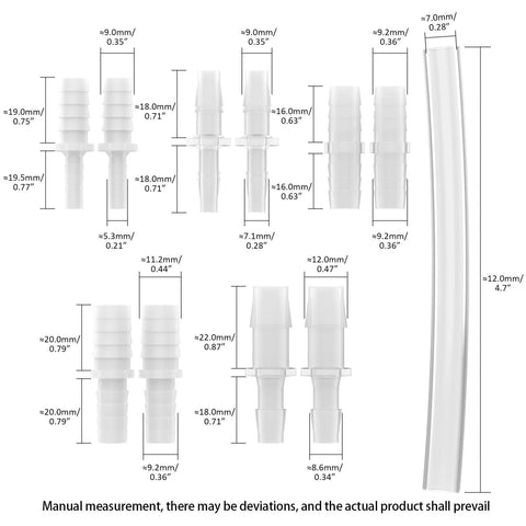 Front view: 10-piece white plastic hose barb fittings set with clear tubing for female urination device; multiple diameters.