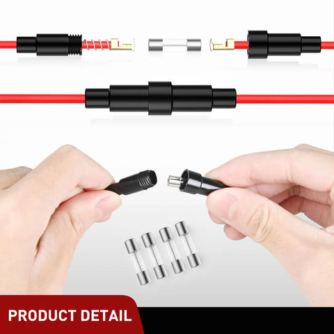 150 Pcs 5X20MM Fast Blow Glass Fuses Plus 10 Pcs 16AWG Inline Fuse Holders For Daily Driver Auto Electrical Repair, showing inline fuse holders and glass fuses.