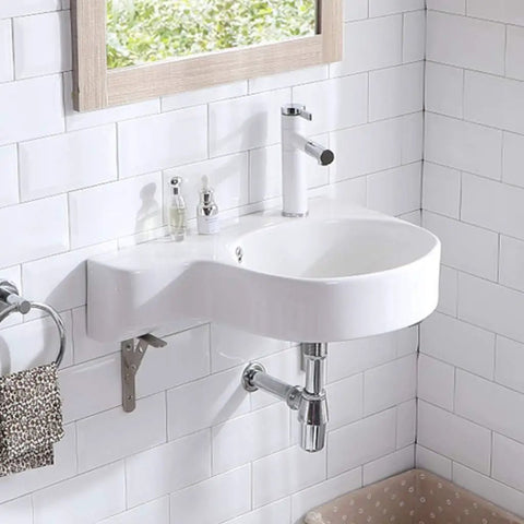 Slick Ceramic Wall Mounted Bathroom Sink With Deep Corner Basin And Standalone Pedestal Base, glossy white finish in modern bathroom setting.