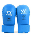 Blue Karate Shin Guard Set With Instep Protection And Gloves, WKF Certified For Training And Competition, front view of gloves