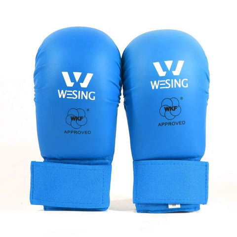 Blue Karate Shin Guard Set With Instep Protection And Gloves, WKF Certified For Training And Competition, front view of gloves