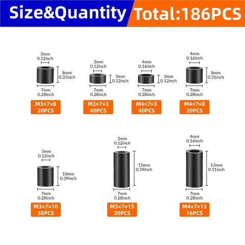 Black Nylon Spacer Kit 186 Piece Set For M3 And M4 Screws, Electrical Outlet Spacers, Auto And Computer Repair, DIY Jewelry Craft, Versatile Spacer Assortment For Electronics And Cars. Size chart for black nylon spacers, M3/M4 lengths