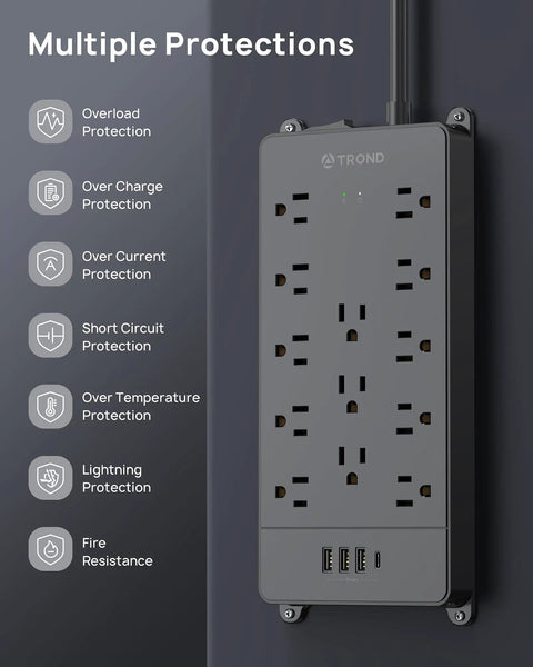 Beefy 13 Outlet Surge Protector Power Strip With 4 USB Ports And USB C Charging ETL Listed 1875W wall-mounted view