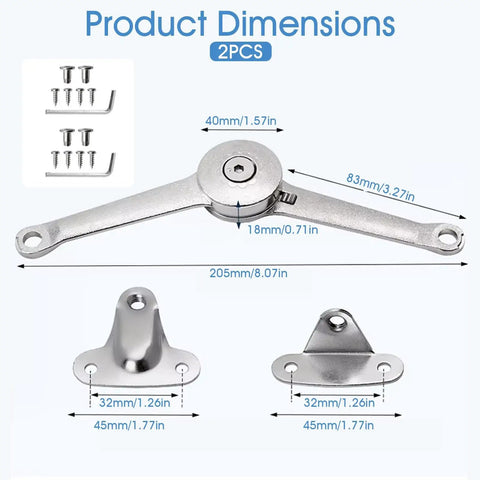 2 Pack Heavy Duty Folding Lid Stay Hinges With Soft Close Action Zinc Alloy Adjustable Tension No Slam Up To 50lb for Wooden Boxes showing dimensions and screws
