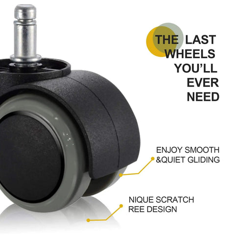 Close-up of a Roll Smooth Two Inch Office Chair Wheel Replacement with 10 mm stem, features seamless quiet glide and sturdy design.