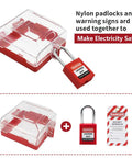 Two Pack Emergency Stop Push Button Lockout Cover Kit with transparent red resin guard, removable base, and lock for industrial panels