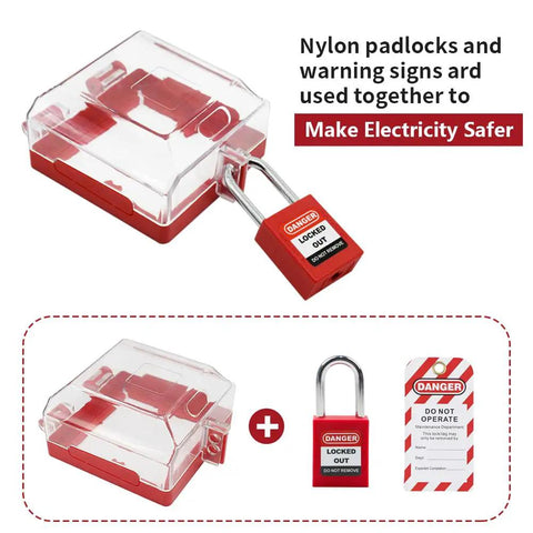 Two Pack Emergency Stop Push Button Lockout Cover Kit with transparent red resin guard, removable base, and lock for industrial panels