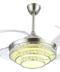 42 Inch Retractable Blade Ceiling Fan Featuring Glowing Crystal Chandelier And Smart Remote Controls For Tunable Led Lights In A Legit Bedroom Or Dope Living Room Vibe.