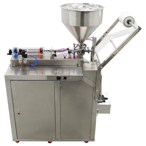 Built Like A Tank Stainless Steel Automatic Filling Machine For Thick Pastes And Thin Liquids, 10-100 ml, pneumatic action setup.