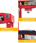 50 Ton H Frame Hydraulic Shop Press With Floor Plates For Garage And Workshop Heavy Duty Beast Steel Construction, details of gauge, cylinder, and V-blocks.
