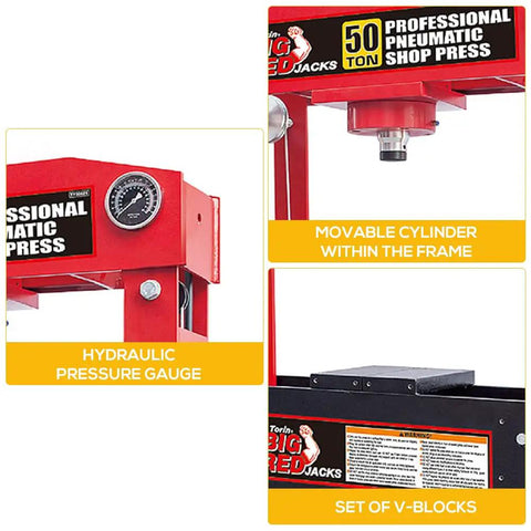 50 Ton H Frame Hydraulic Shop Press With Floor Plates For Garage And Workshop Heavy Duty Beast Steel Construction, details of gauge, cylinder, and V-blocks.