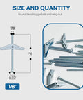 One Eighth Inch By Two Inch Toggle Bolts And Wing Nuts For Drywall Hanging Heavy Items Zinc Plated Carbon Steel Rust Resistant Includes Fifty Toggle Bolts And Fifty Wing Nuts Pack With Spring Design For Strong Secure Mount Up To Twenty Two Pounds, image showing size and quantity chart with bolts and nuts.