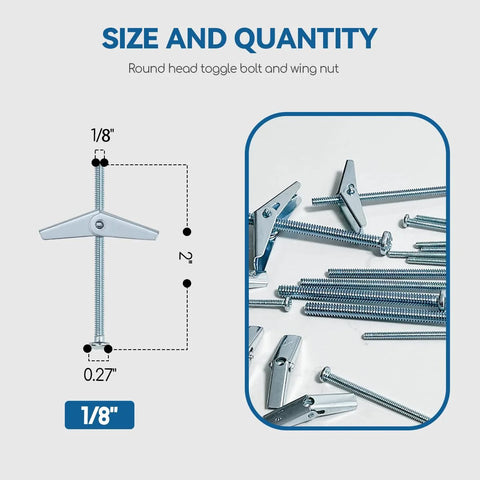One Eighth Inch By Two Inch Toggle Bolts And Wing Nuts For Drywall Hanging Heavy Items Zinc Plated Carbon Steel Rust Resistant Includes Fifty Toggle Bolts And Fifty Wing Nuts Pack With Spring Design For Strong Secure Mount Up To Twenty Two Pounds, image showing size and quantity chart with bolts and nuts.