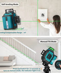 Go-To 3x360 Green Laser Level With 12 Lines used for picture hanging and leveling stairs, self-leveling mode, tilt mode shown.