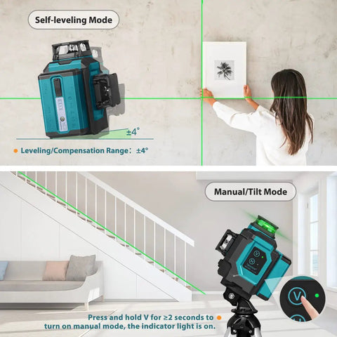 Go-To 3x360 Green Laser Level With 12 Lines used for picture hanging and leveling stairs, self-leveling mode, tilt mode shown.