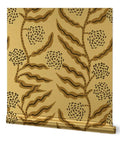Next Level Floral Stripe Wallpaper With Glitzy Khaki Gold Metallic Details And Textured Fibrous Finish design close-up, showing floral pattern.