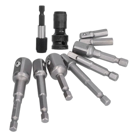 Sick 11 Piece Socket Adapter Kit With Hex Shank Square Head Connectors For Air Screwdriver And Electric Drill Made From Tough Chrome Vanadium Steel Featuring Super Self Locking Design To Stop Dropped Bits, 1/4-inch hex shank set