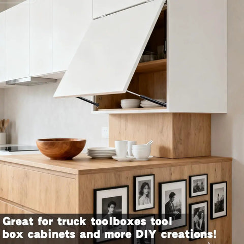 Heavy Duty Gas Struts Deliver Hefty Lift And No Fuss Operation For Tailgates RV Beds Tool Boxes And Outdoor Benches Built Tough To Beat Rust And Keep Seals Tight 2 Pack 10 Inch 100N shown in modern kitchen with white cabinet.