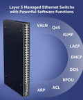 48 Port Gigabit Managed Switch With 6x 10Gbps SFP Plus Uplinks, L3 Smart Management, vertical view with software features